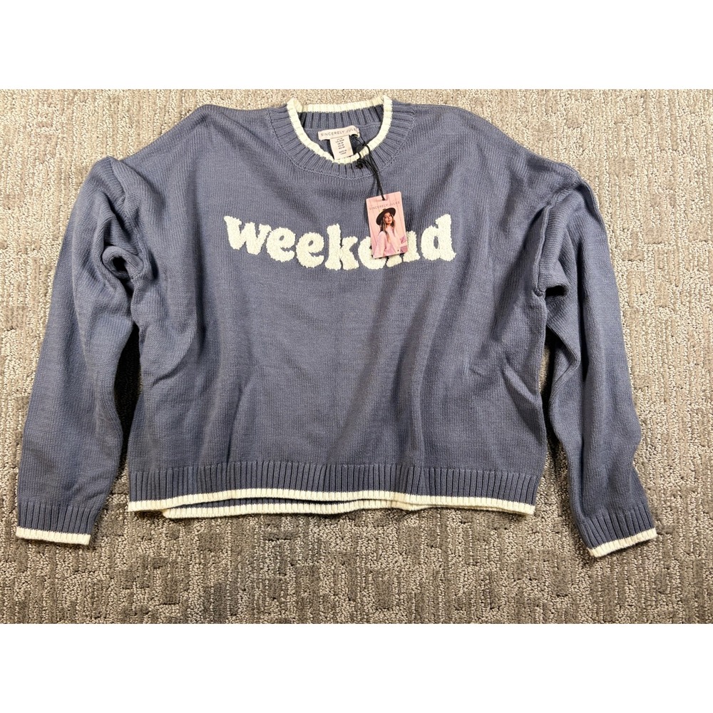 Sincerely Jules Sweater Medium Blue Weekend Graphic Pullover Crewneck NWT